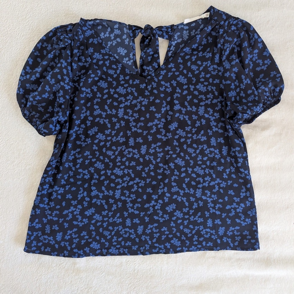 Blouse Navy Blue Floral Back Tie Puff Sleeve Sz M Cottagecore Romantic Office